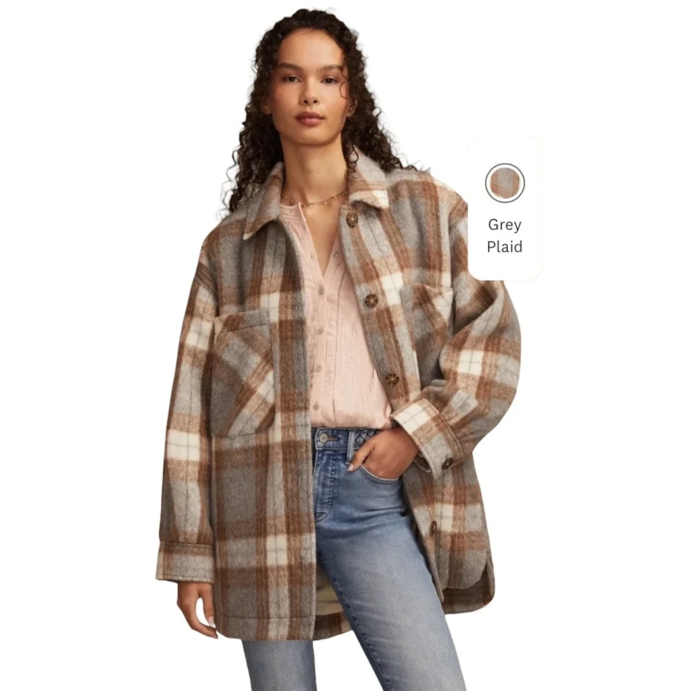 Lucky Brand Plaid Shacket Womens XL Grey Brown Oversize‎ Shirt Jacket New